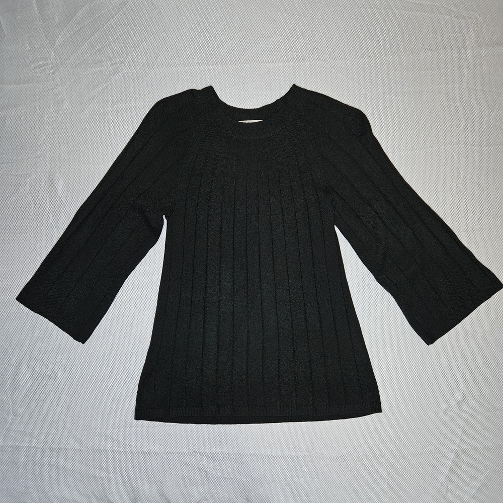 LOFT Womens Black Ribbed Knit Crew Neck 3/4 Sleeve Pullover Sweater XS